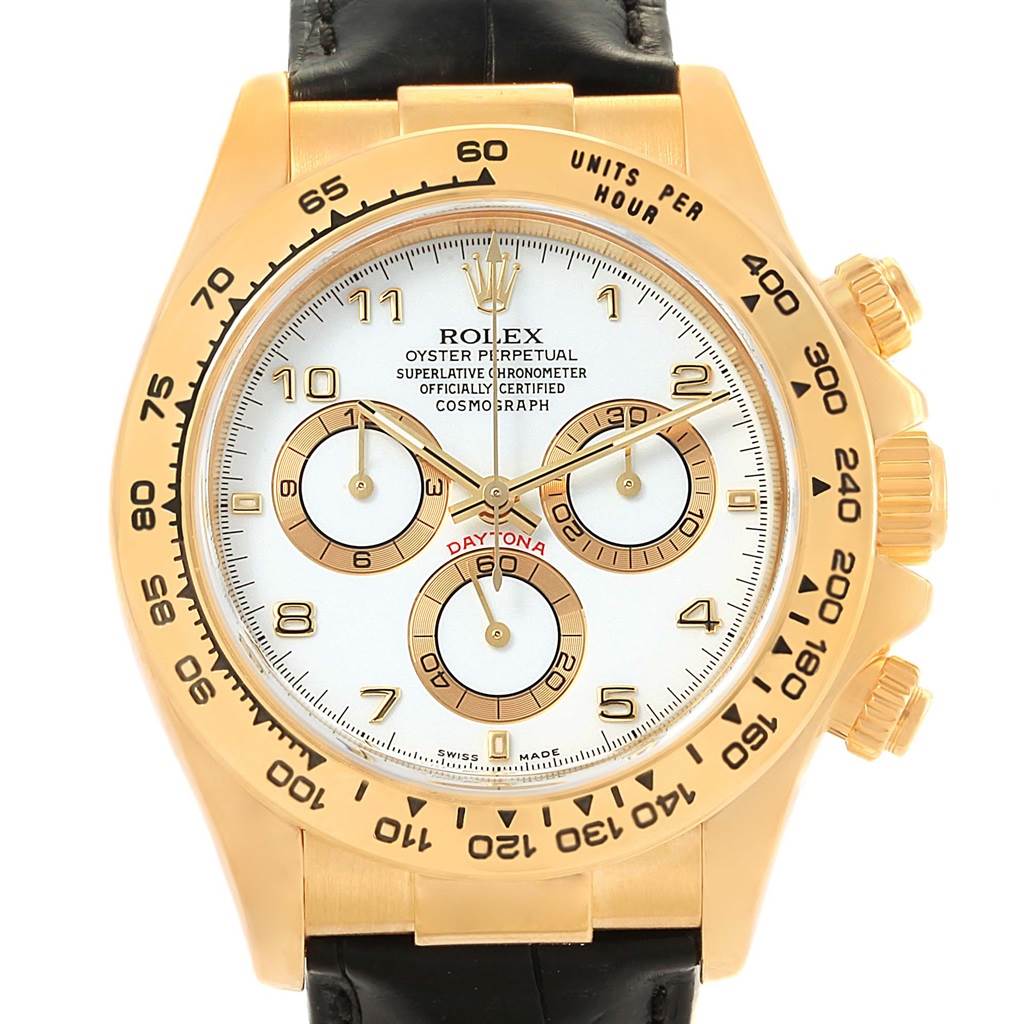 This image shows the front view of a Rolex Daytona 116518 Men's Yellow Gold White Dial 116518 Men's Yellow Gold White Dial watch, highlighting its dial, bezel, pushers, and strap.