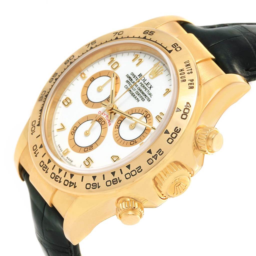 The image shows a close-up side view of the Rolex Daytona 116518 Men's Yellow Gold White Dial 116518 Men's Yellow Gold White Dial watch, highlighting the bezel, dial, crown, and pushers.