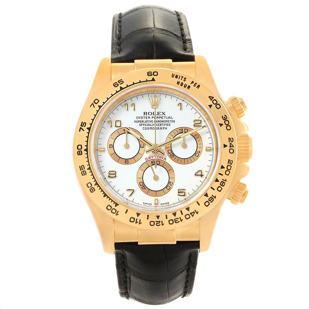 The image shows a front angle of a Rolex Daytona 116518 Men's Yellow Gold White Dial 116518 Men's Yellow Gold White Dial watch with a gold case, white dial, and black leather strap.