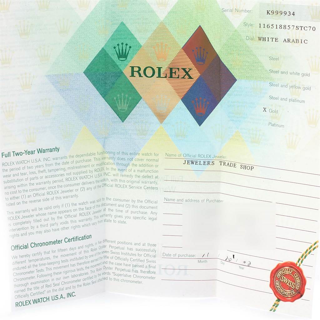 The image shows the warranty and certification documents for a Rolex Daytona 116518 Men's Yellow Gold White Dial 116518 Men's Yellow Gold White Dial watch.