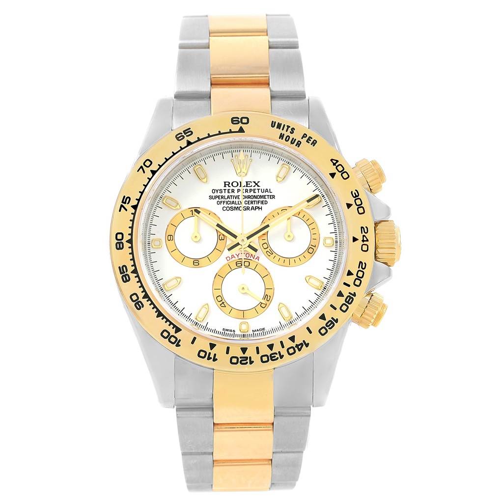 This image shows a front view of a Rolex Daytona 116503 Men's Steel and Gold (two tone) White Dial 116503 Men's Steel and Gold (two tone) White Dial watch, highlighting the dial, bezel, crown, and two-tone bracelet.