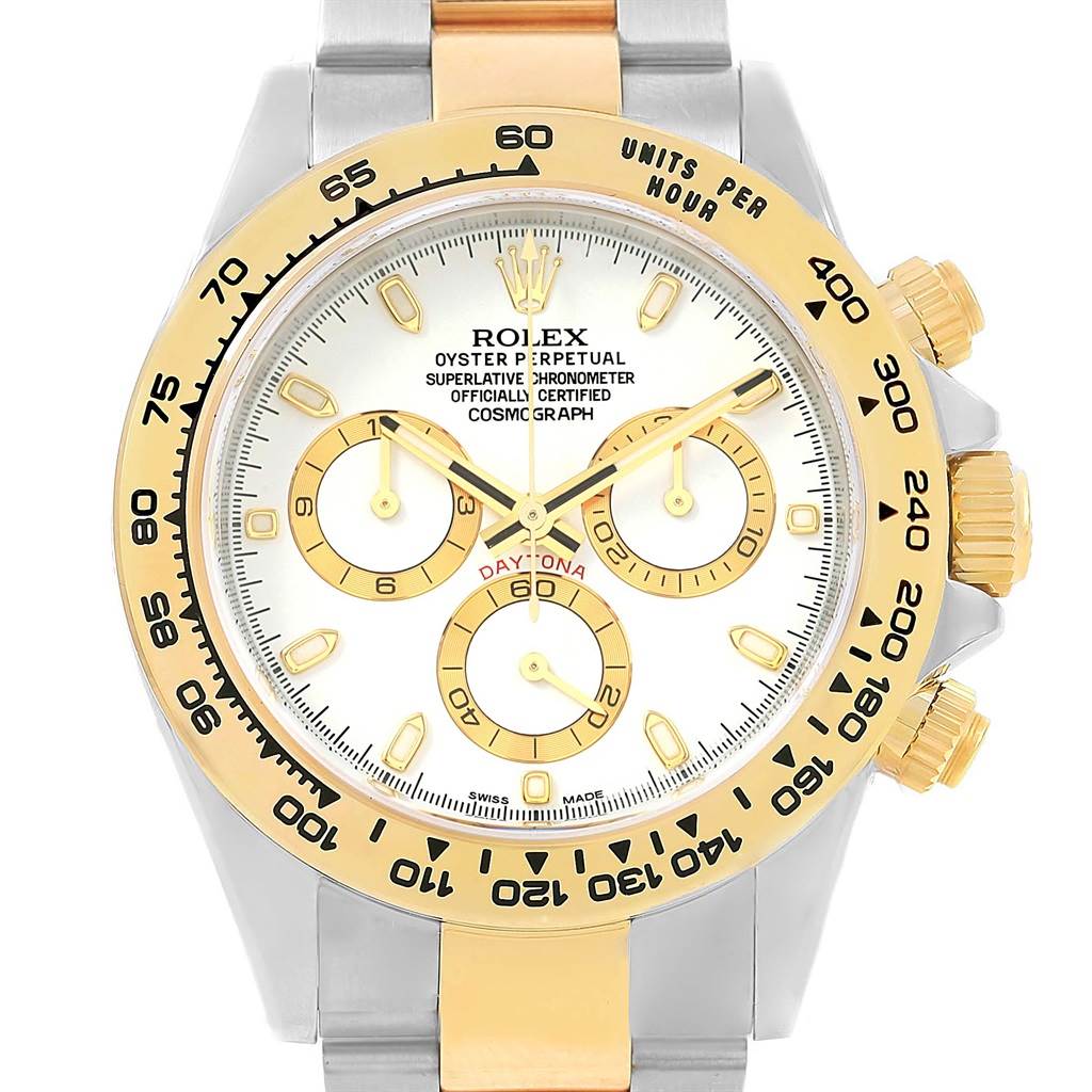 This image shows a frontal view of a Rolex Daytona 116503 Men's Steel and Gold (two tone) White Dial 116503 Men's Steel and Gold (two tone) White Dial watch, highlighting its dial, bezel, and crown.