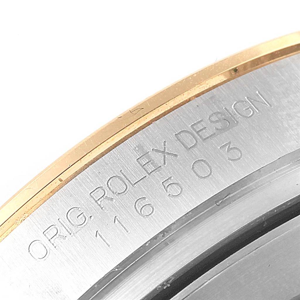 The image shows a close-up of the engraved case back of a Rolex Daytona 116503 Men's Steel and Gold (two tone) White Dial 116503 Men's Steel and Gold (two tone) White Dial watch, revealing the model number 116503.