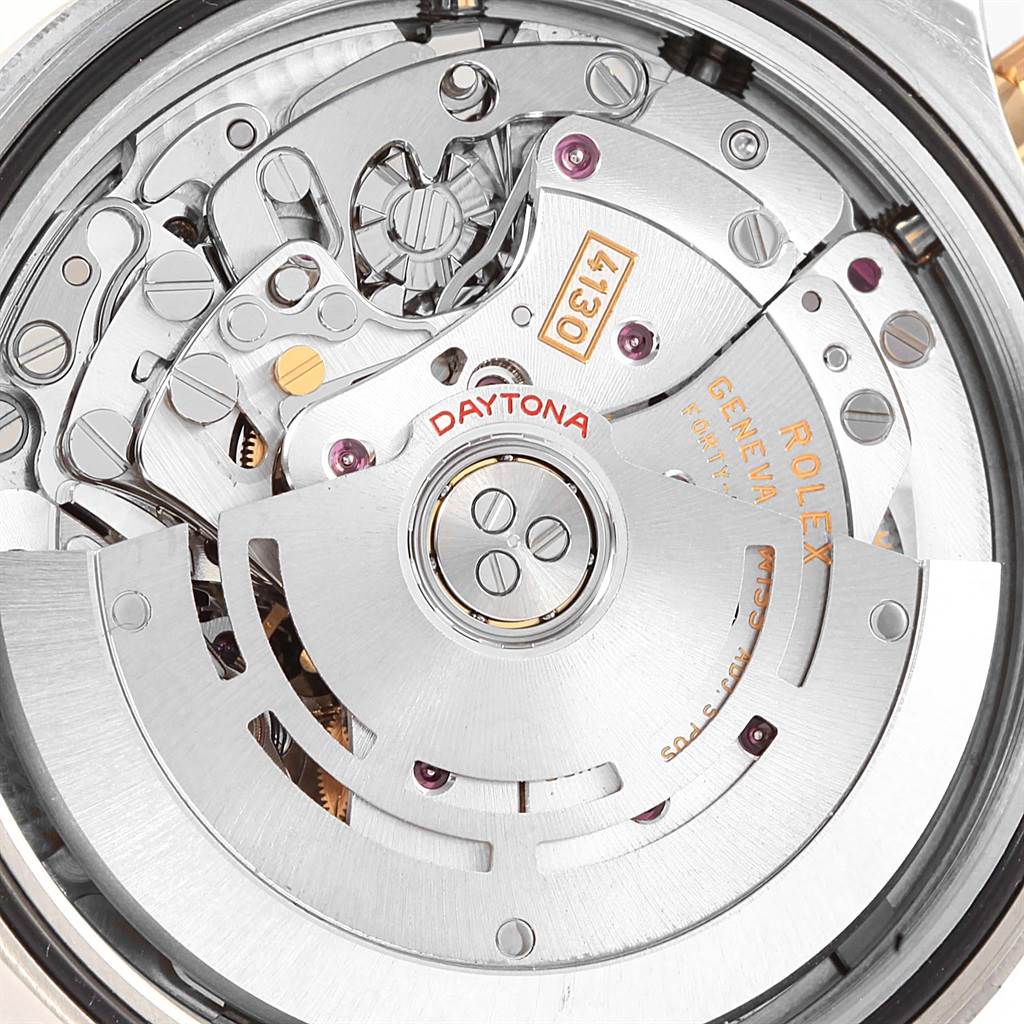This image shows a close-up view of the movement and inner mechanism of a Rolex Daytona 116523 Men's Steel and Gold (two tone) Champagne Dial 116523 Men's Steel and Gold (two tone) Champagne Dial watch.