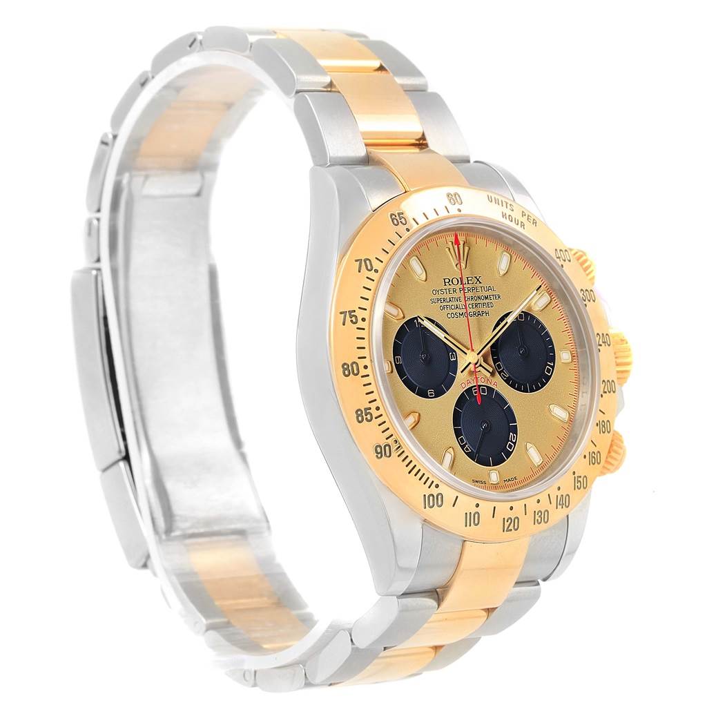 The image shows a side angle of a Rolex Daytona 116523 Men's Steel and Gold (two tone) Champagne Dial 116523 Men's Steel and Gold (two tone) Champagne Dial watch, highlighting the gold and stainless steel bracelet and the detailed face with three sub-dials.
