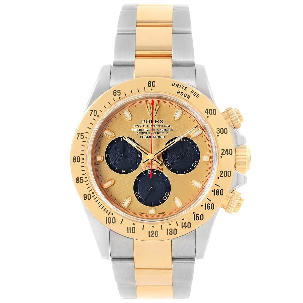 This image shows a front view of a Rolex Daytona 116523 Men's Steel and Gold (two tone) Champagne Dial 116523 Men's Steel and Gold (two tone) Champagne Dial watch, highlighting its gold and silver bracelet and chronograph functions.