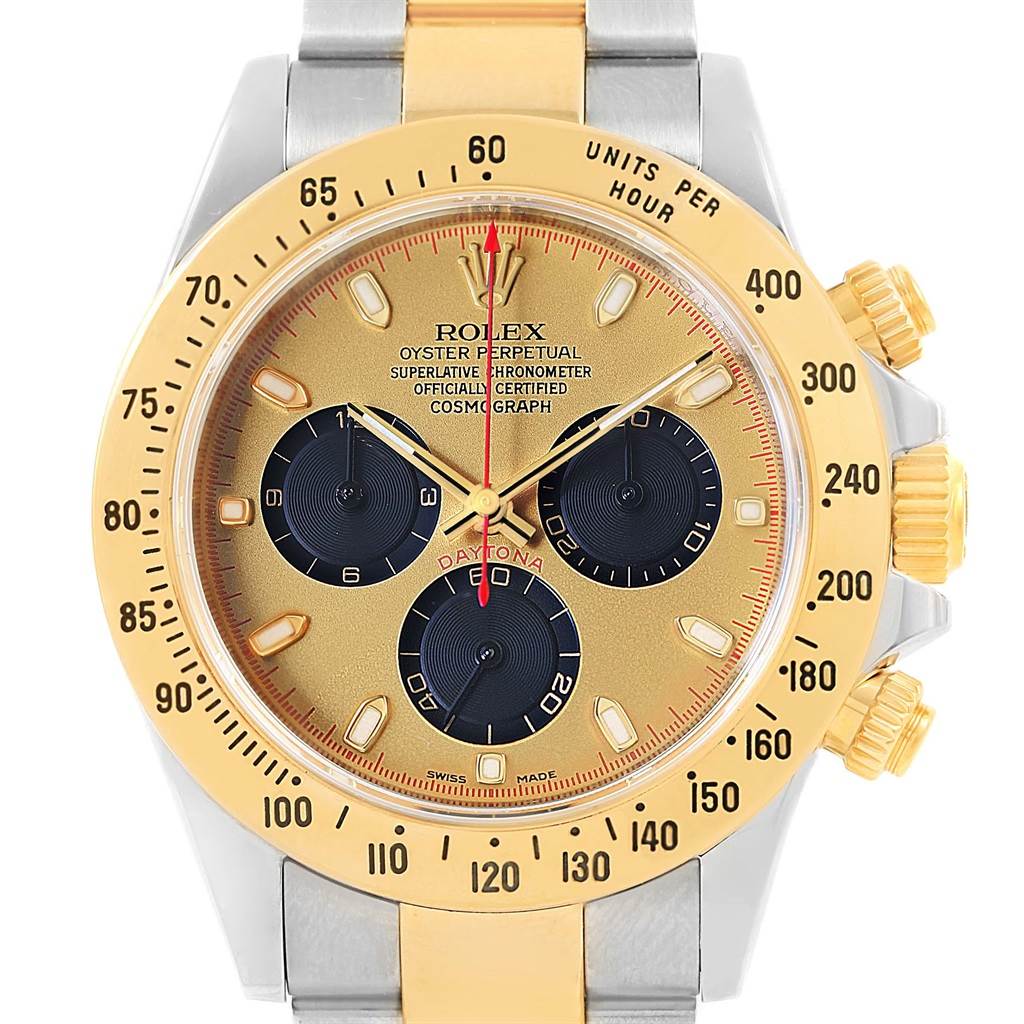 The image shows a frontal view of a Rolex Daytona 116523 Men's Steel and Gold (two tone) Champagne Dial 116523 Men's Steel and Gold (two tone) Champagne Dial watch, highlighting its gold bezel, dial, and chronograph sub-dials.