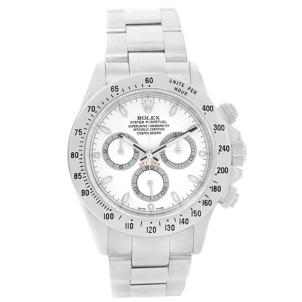 This image shows a front view of the Rolex Daytona 116520 Men's Stainless Steel White Dial 116520 Men's Stainless Steel White Dial watch, highlighting its face, bezel, and bracelet.
