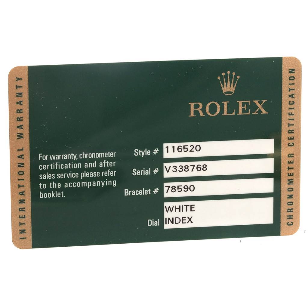 The image shows a warranty card for a Rolex Daytona 116520 Men's Stainless Steel White Dial 116520 Men's Stainless Steel White Dial, detailing the style, serial, bracelet numbers, and dial description.