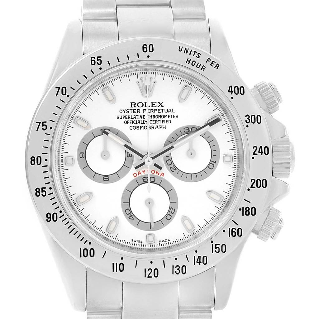 This is a front view of a Rolex Daytona 116520 Men's Stainless Steel White Dial 116520 Men's Stainless Steel White Dial model, showing the dial, chronograph sub-dials, bezel, and part of the bracelet.