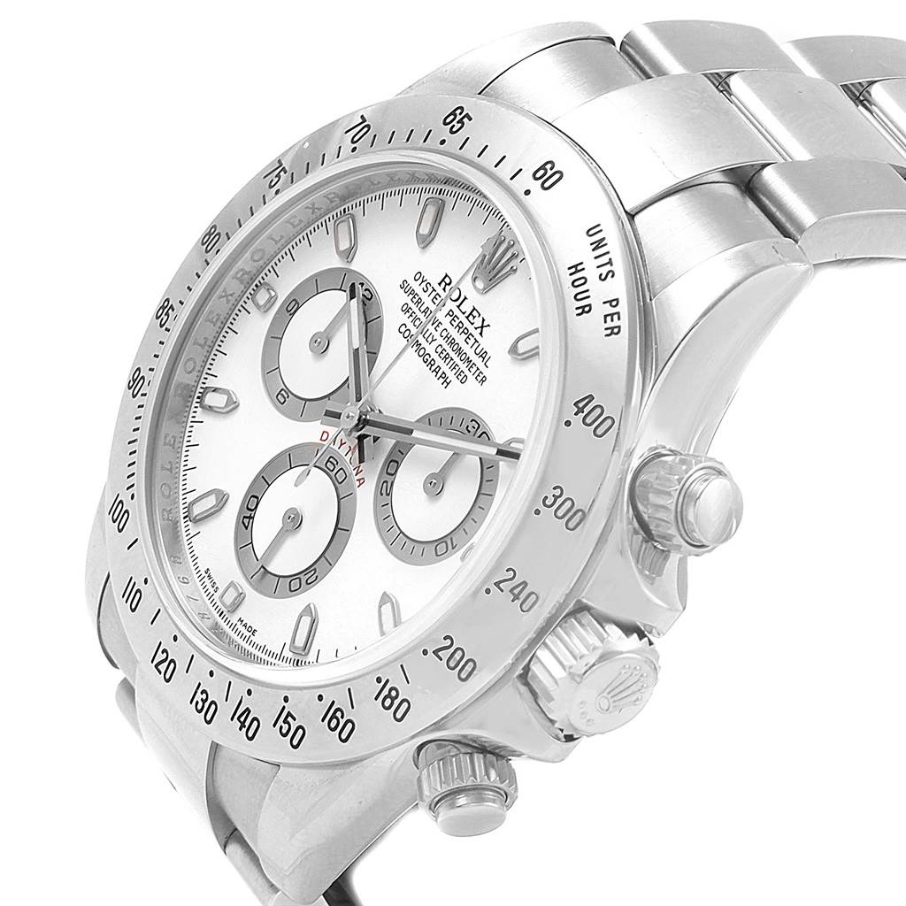 This is a close-up, angled view of the Rolex Daytona 116520 Men's Stainless Steel White Dial 116520 Men's Stainless Steel White Dial, highlighting the dial and side buttons.