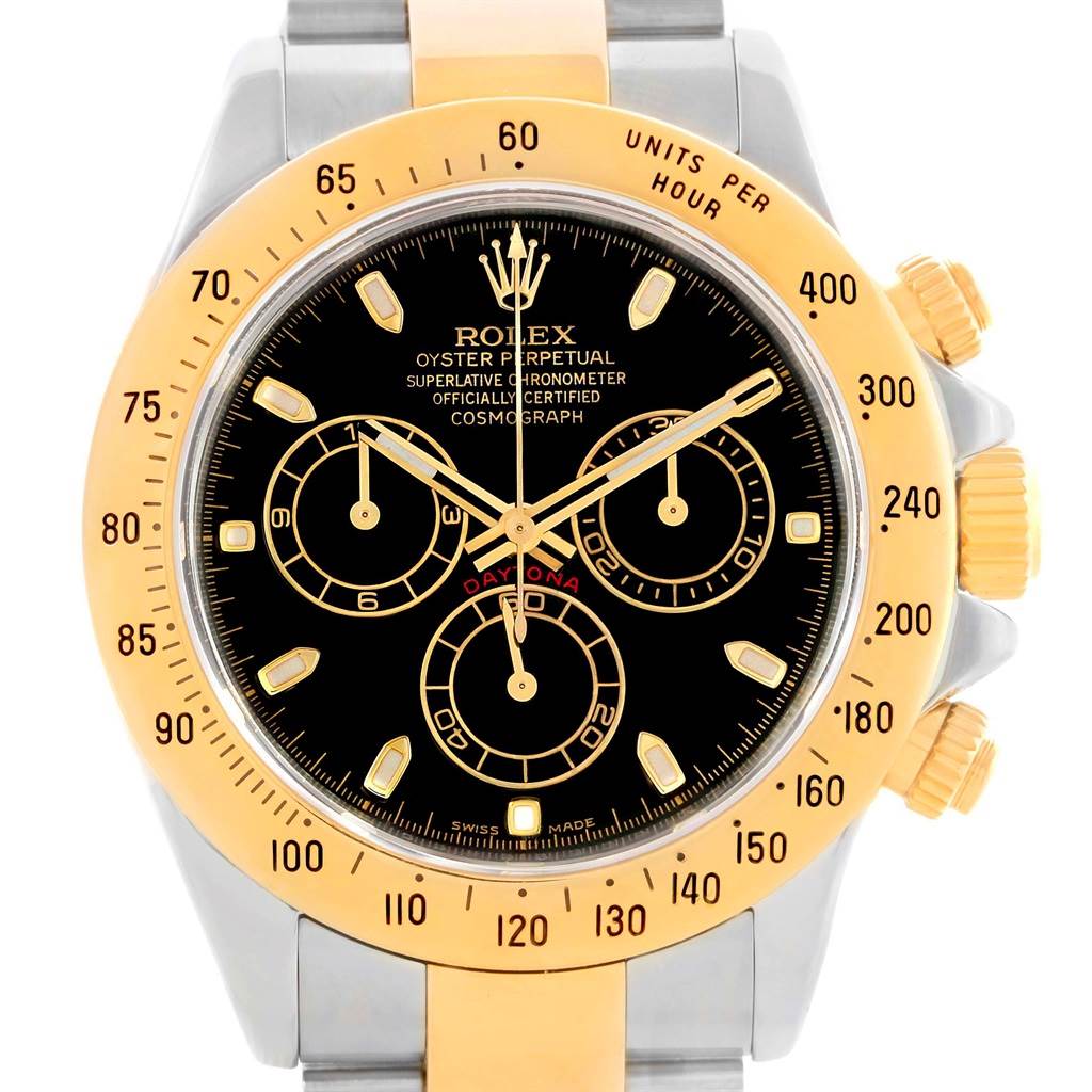 This image shows the front view of the Rolex Daytona 116523 Men's Steel and Gold (two tone) Black Dial 116523 Men's Steel and Gold (two tone) Black Dial watch, highlighting the dial, bezel, pushers, and crown.