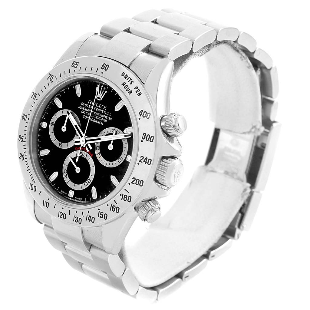 The Rolex Daytona 116520 Men's Stainless Steel Black Dial 116520 Men's Stainless Steel Black Dial watch is shown at a three-quarter angle, highlighting its bezel, dial, chronograph subdials, and metal bracelet.