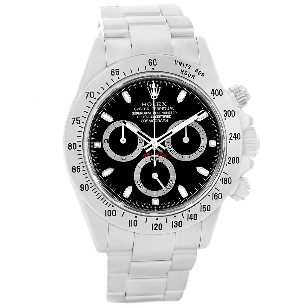 The image shows a front view of a Rolex Daytona 116520 Men's Stainless Steel Black Dial 116520 Men's Stainless Steel Black Dial watch, highlighting the face, bezel, and stainless steel bracelet.