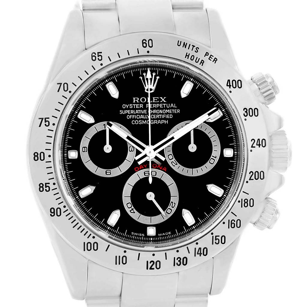 The image shows a front view of a Rolex Daytona 116520 Men's Stainless Steel Black Dial 116520 Men's Stainless Steel Black Dial watch, featuring its bezel, dial, chronograph subdials, and pushers.