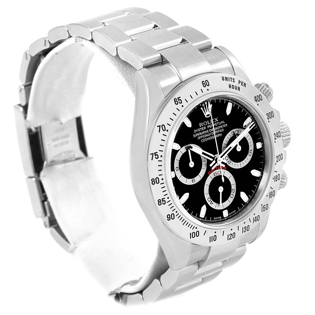 The image shows a side and frontal angle of a Rolex Daytona 116520 Men's Stainless Steel Black Dial 116520 Men's Stainless Steel Black Dial watch, highlighting the case, bracelet, and bezel.