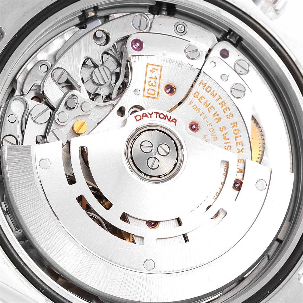 The image shows the intricate internal mechanism and movement of a Rolex Daytona 116520 Men's Stainless Steel White Dial 116520 Men's Stainless Steel White Dial watch, viewed from the back.