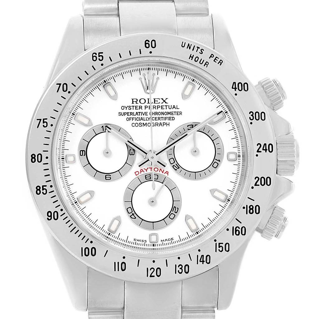 The image shows the front view of a Rolex Daytona 116520 Men's Stainless Steel White Dial 116520 Men's Stainless Steel White Dial watch, highlighting its dial, bezel, pushers, and crown.