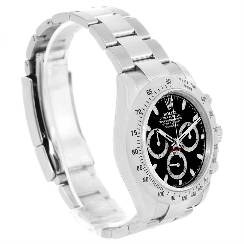 The image shows a Rolex Daytona 116520 Men's Stainless Steel Black Dial 116520 Men's Stainless Steel Black Dial watch from a side angle, highlighting the bracelet, case, and black dial with sub-dials.