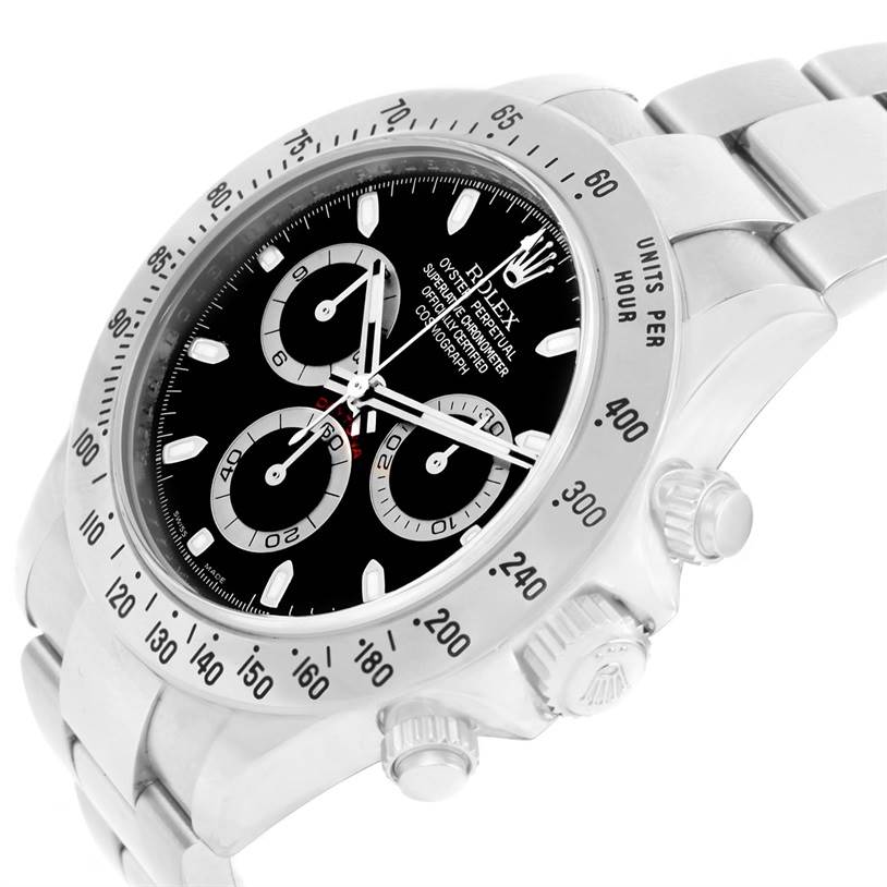 The Rolex Daytona 116520 Men's Stainless Steel Black Dial 116520 Men's Stainless Steel Black Dial watch is shown at an angle displaying its dial, bezel, crown, and pushers.