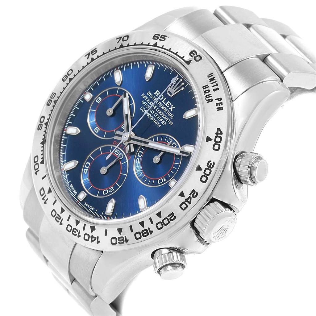 This image shows a Rolex Daytona 116509 Men's White Gold Blue Dial 116509 Men's White Gold Blue Dial watch from an angled side view, highlighting the bezel, dial, and chronograph pushers.