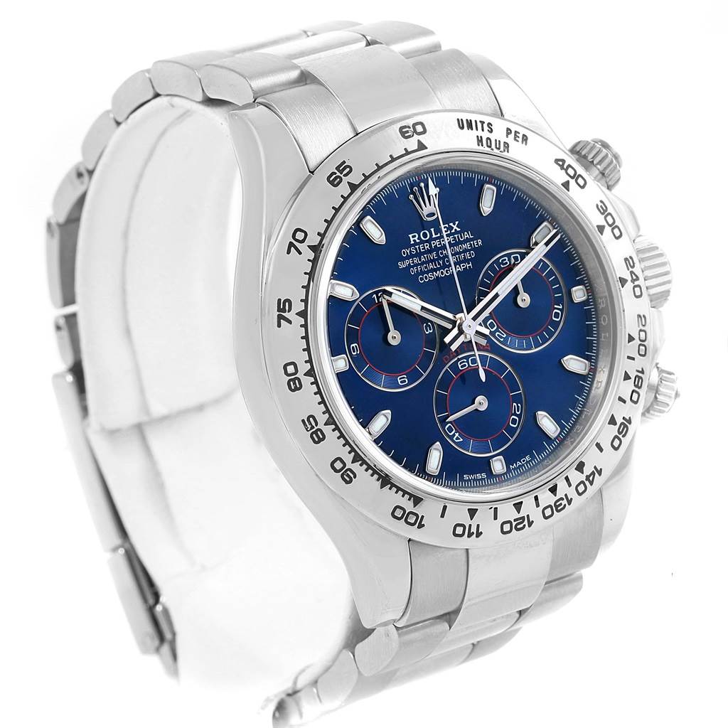 This Rolex Daytona 116509 Men's White Gold Blue Dial 116509 Men's White Gold Blue Dial watch is shown from an angled side view, displaying the bezel, dial, chronograph subdials, and part of the bracelet.
