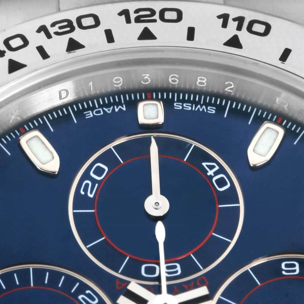 The image shows a close-up of the dial and bezel of a Rolex Daytona 116509 Men's White Gold Blue Dial 116509 Men's White Gold Blue Dial watch.