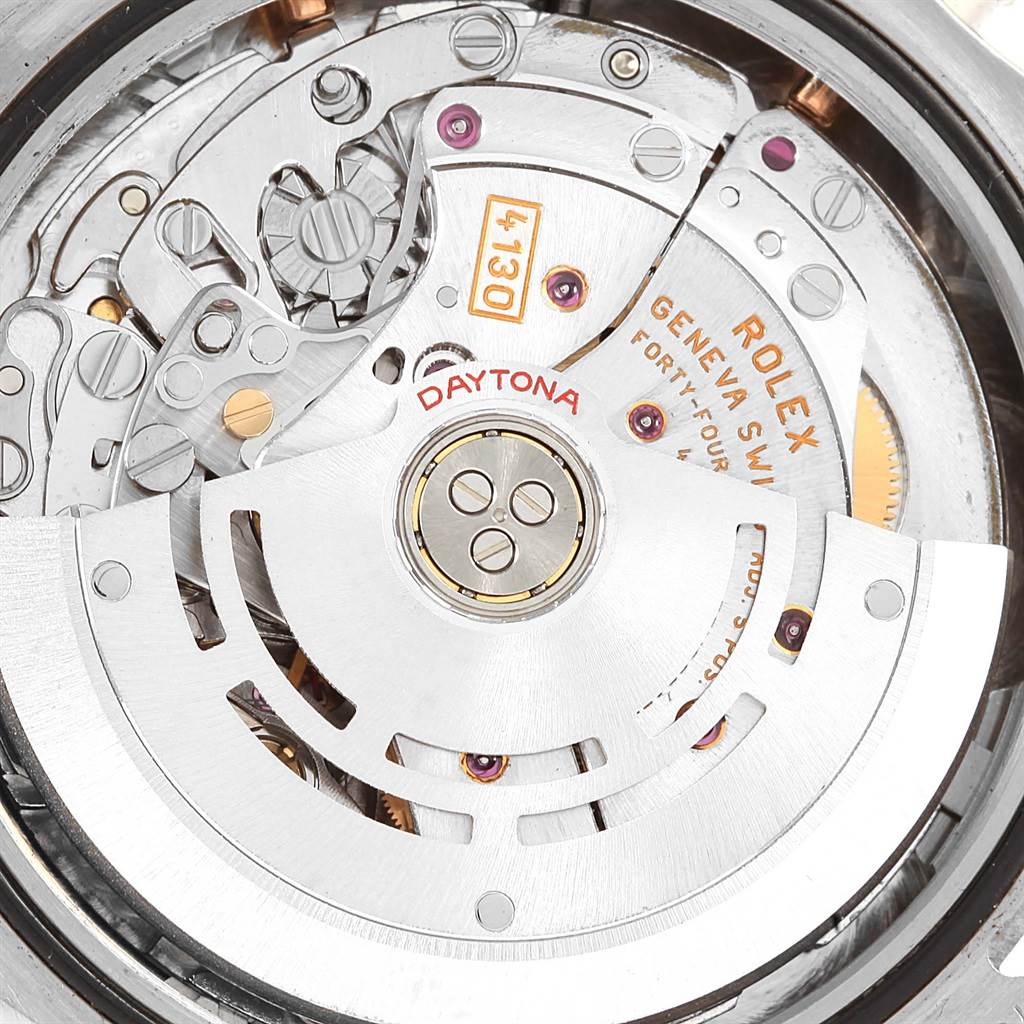 This image shows a close-up view of the movement mechanism of a Rolex Daytona 116509 Men's White Gold Blue Dial 116509 Men's White Gold Blue Dial watch.