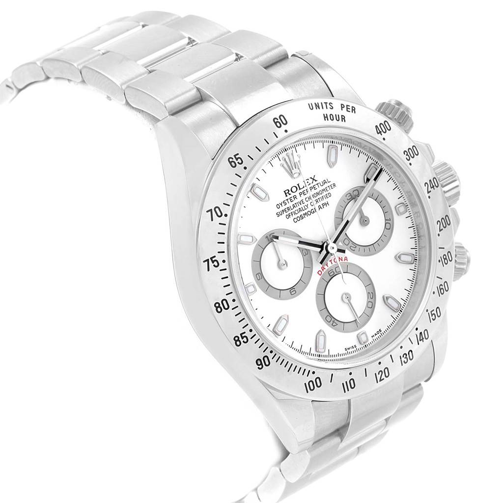 This image shows a Rolex Daytona 116520 Men's Stainless Steel White Dial 116520 Men's Stainless Steel White Dial watch from a front-left angle, displaying its bracelet, dial, sub-dials, and bezel.