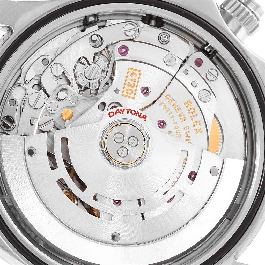 This image shows a close-up view of the movement mechanism of a Rolex Daytona 116520 Men's Stainless Steel White Dial 116520 Men's Stainless Steel White Dial watch.