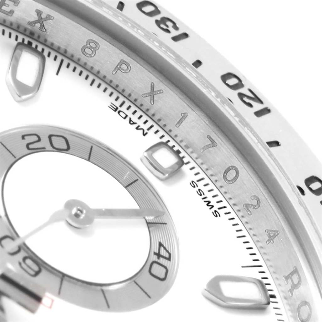 This close-up image shows the dial, bezel, and chronograph sub-dial of a Rolex Daytona 116520 Men's Stainless Steel White Dial 116520 Men's Stainless Steel White Dial watch.