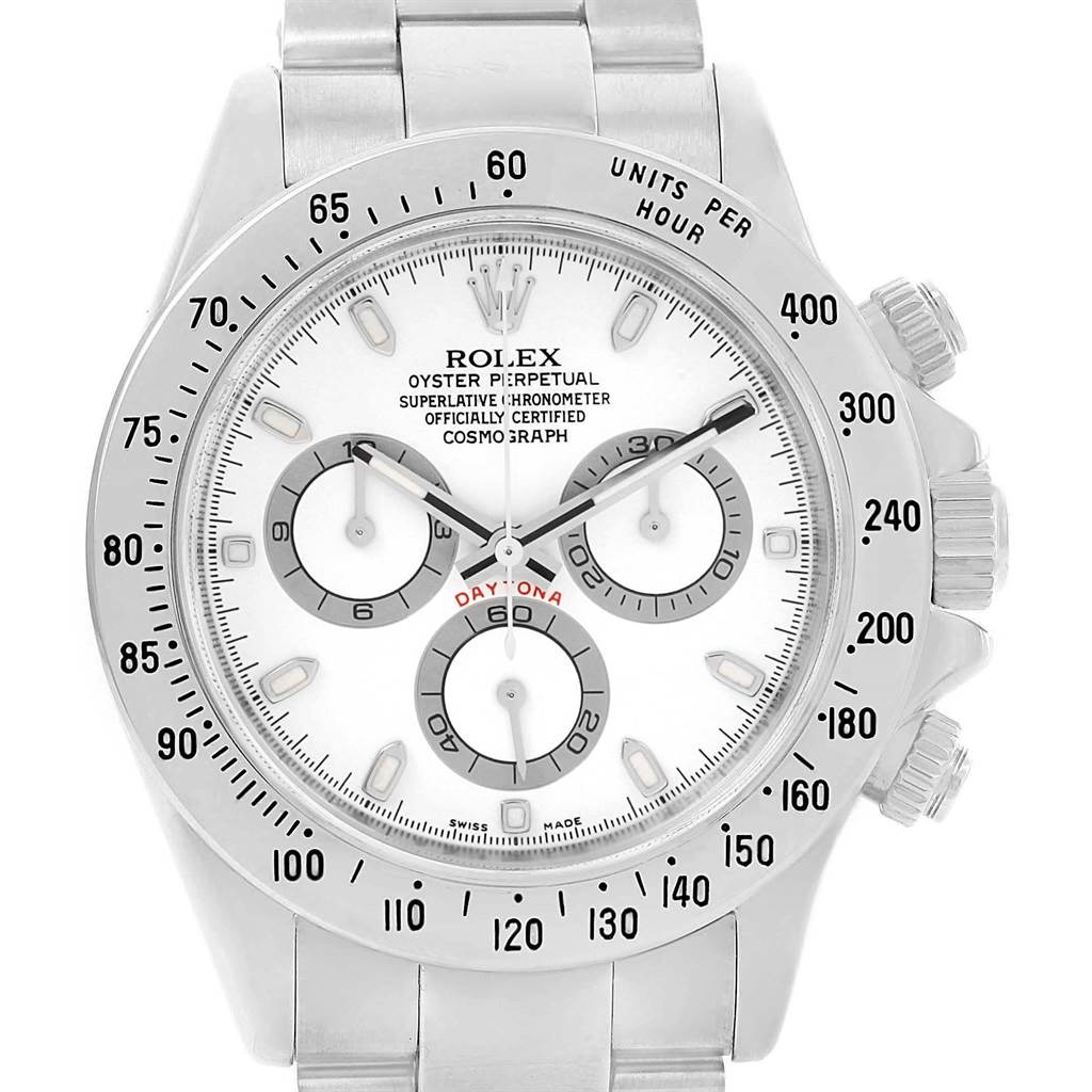 The image shows a Rolex Daytona 116520 Men's Stainless Steel White Dial 116520 Men's Stainless Steel White Dial watch from a front angle, displaying its dial, sub-dials, hands, and bezel markings.