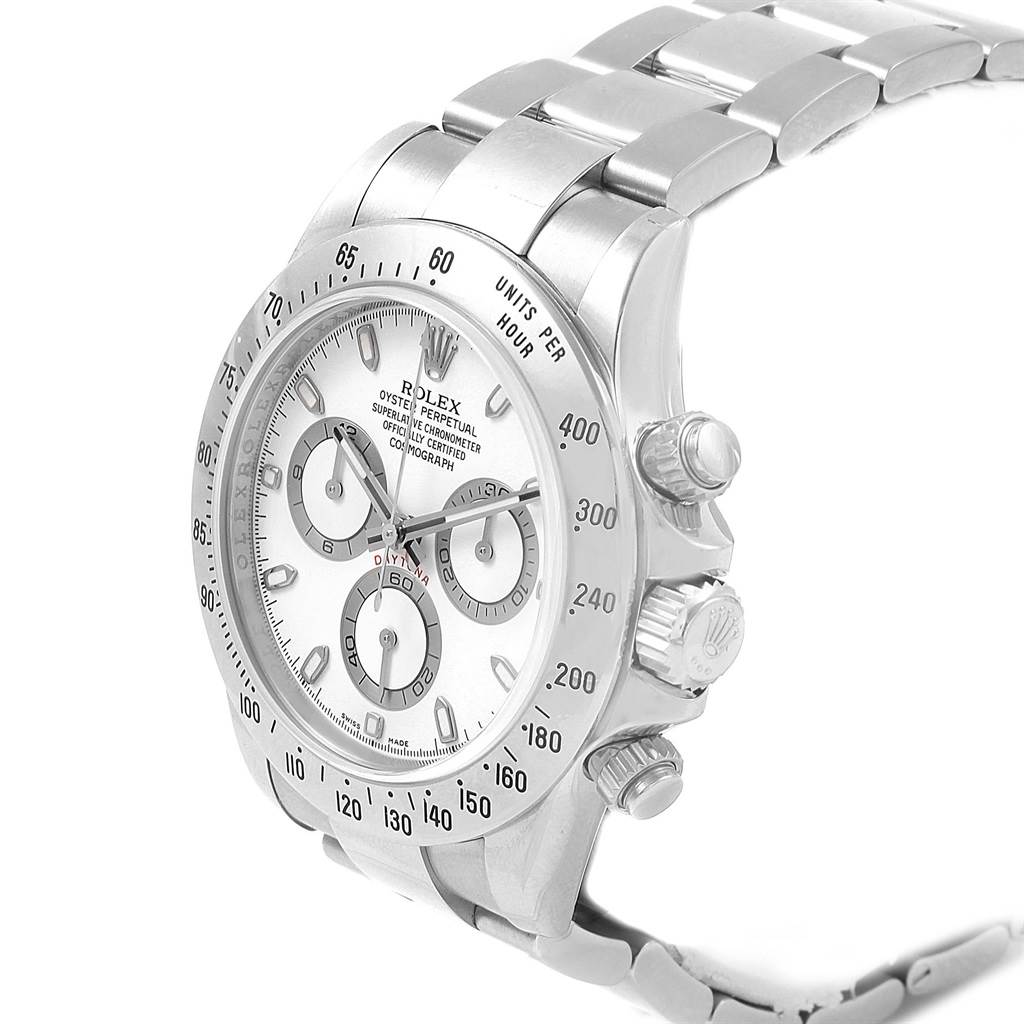 The image shows a side angle of the Rolex Daytona 116520 Men's Stainless Steel White Dial 116520 Men's Stainless Steel White Dial watch, highlighting the dial, bezel, pushers, and part of the bracelet.