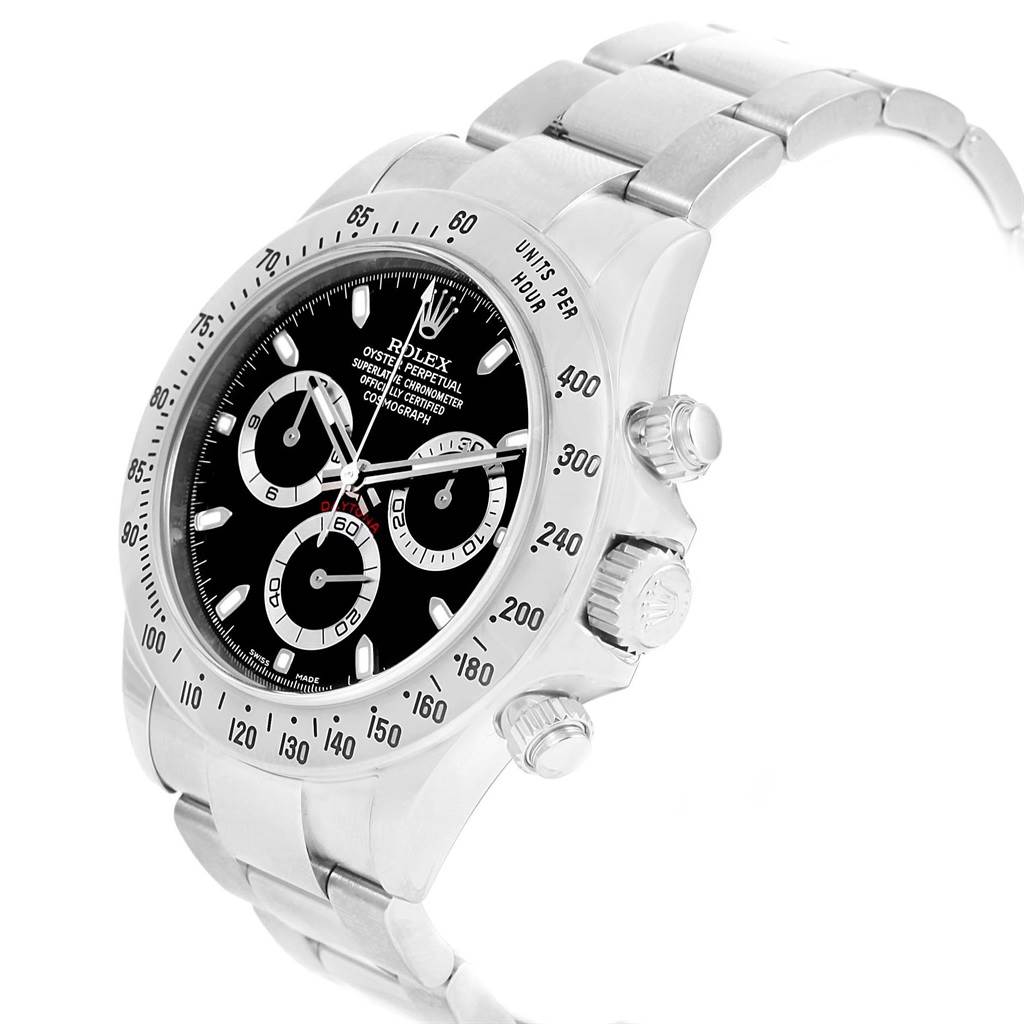 This image shows a Rolex Daytona 116520 Men's Stainless Steel Black Dial 116520 Men's Stainless Steel Black Dial watch at a slight angle, displaying the bezel, crown, pushers, and part of the bracelet.
