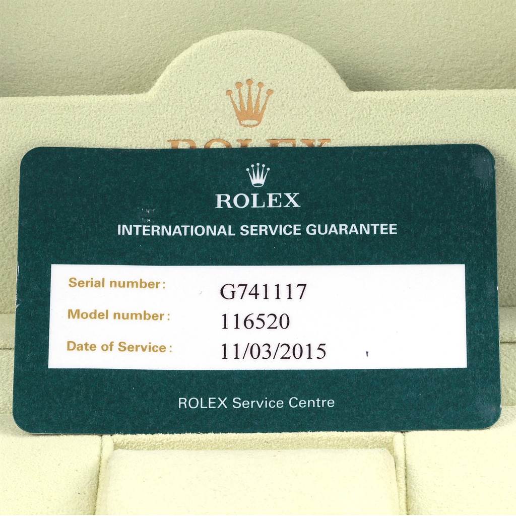 The image shows a warranty card for a Rolex Daytona 116520 Men's Stainless Steel Black Dial 116520 Men's Stainless Steel Black Dial model, highlighting the serial and model numbers, and date of service.