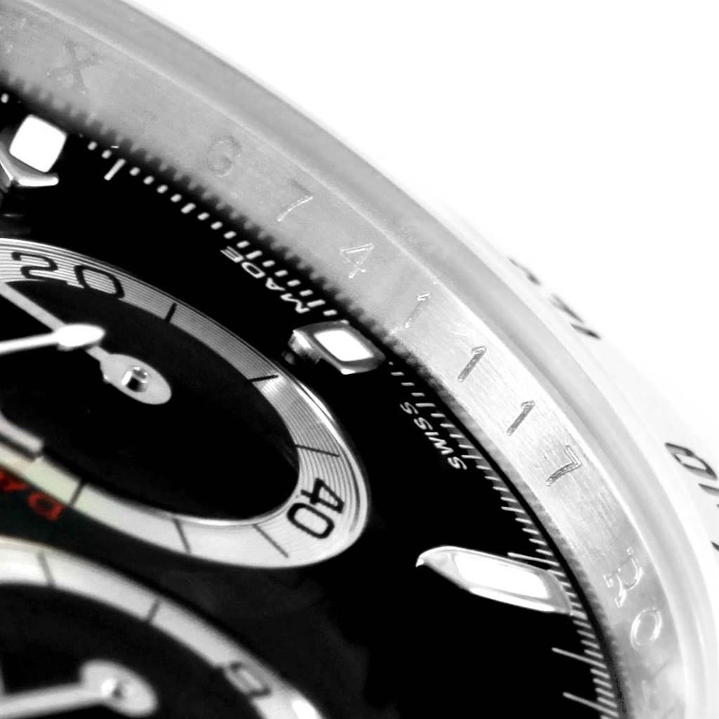 This close-up angle shows the dial and bezel of a Rolex Daytona 116520 Men's Stainless Steel Black Dial 116520 Men's Stainless Steel Black Dial watch, highlighting the sub-dial and markers.