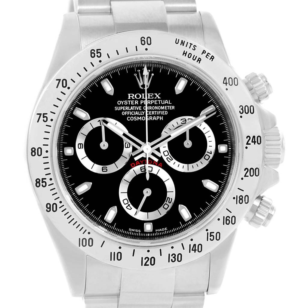 This image shows a front view of a Rolex Daytona 116520 Men's Stainless Steel Black Dial 116520 Men's Stainless Steel Black Dial watch, featuring its bracelet, bezel, dial, and chronograph subdials.