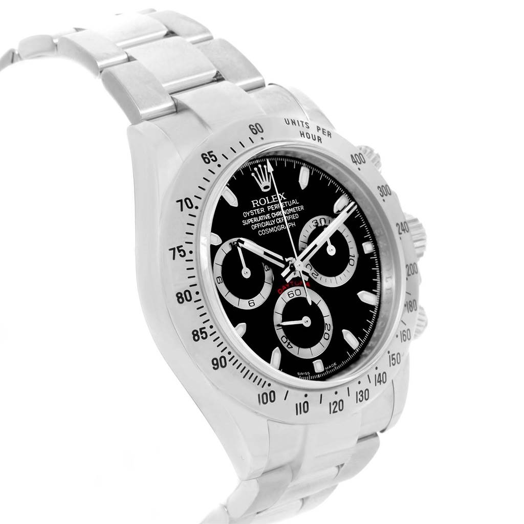 The image shows a Rolex Daytona 116520 Men's Stainless Steel Black Dial 116520 Men's Stainless Steel Black Dial watch from a front angle, highlighting its bezel, dial, and bracelet.