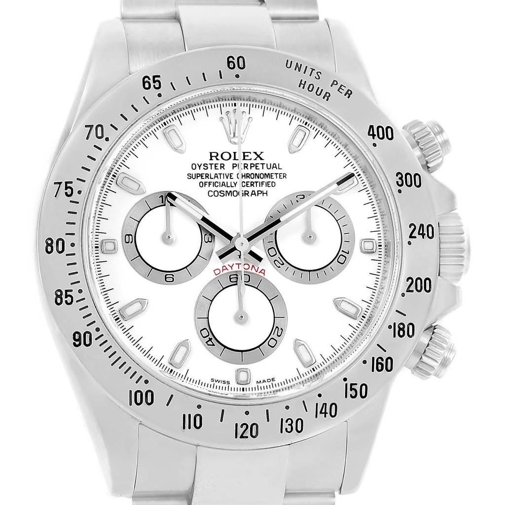 This image shows a frontal view of a Rolex Daytona 116520 Men's Stainless Steel White Dial 116520 Men's Stainless Steel White Dial watch, highlighting the face, bezel, and part of the bracelet.