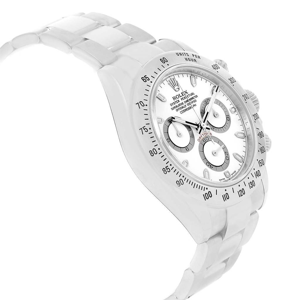 The image shows a side angle of the Rolex Daytona 116520 Men's Stainless Steel White Dial 116520 Men's Stainless Steel White Dial watch, highlighting its white dial, bezel, and stainless steel bracelet.
