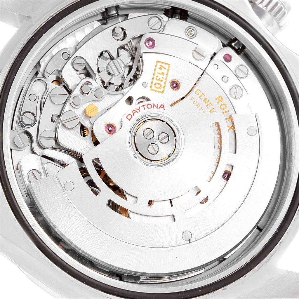 This image shows the intricate inner movement and mechanism of the Rolex Daytona 116520 Men's Stainless Steel White Dial 116520 Men's Stainless Steel White Dial watch from a close-up angle.