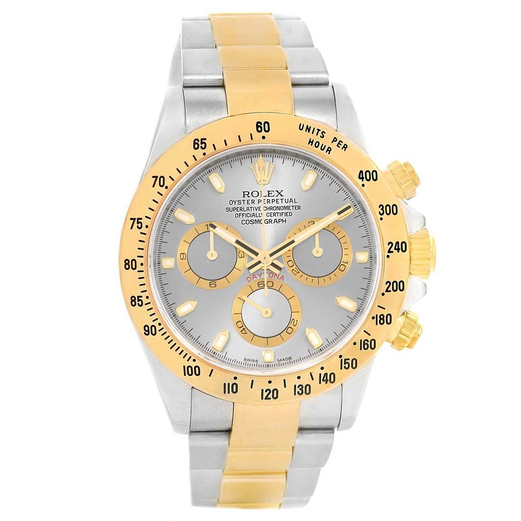 The image shows a front view of a Rolex Daytona 116523 Men's Steel and Gold (two tone) Grey Dial 116523 Men's Steel and Gold (two tone) Grey Dial watch, highlighting the dial, bezel, sub-dials, and bracelet.