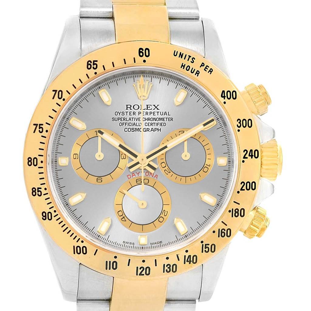 The image shows a frontal view of the Rolex Daytona 116523 Men's Steel and Gold (two tone) Grey Dial 116523 Men's Steel and Gold (two tone) Grey Dial watch, highlighting the dial, subdials, bezel, and part of the band.