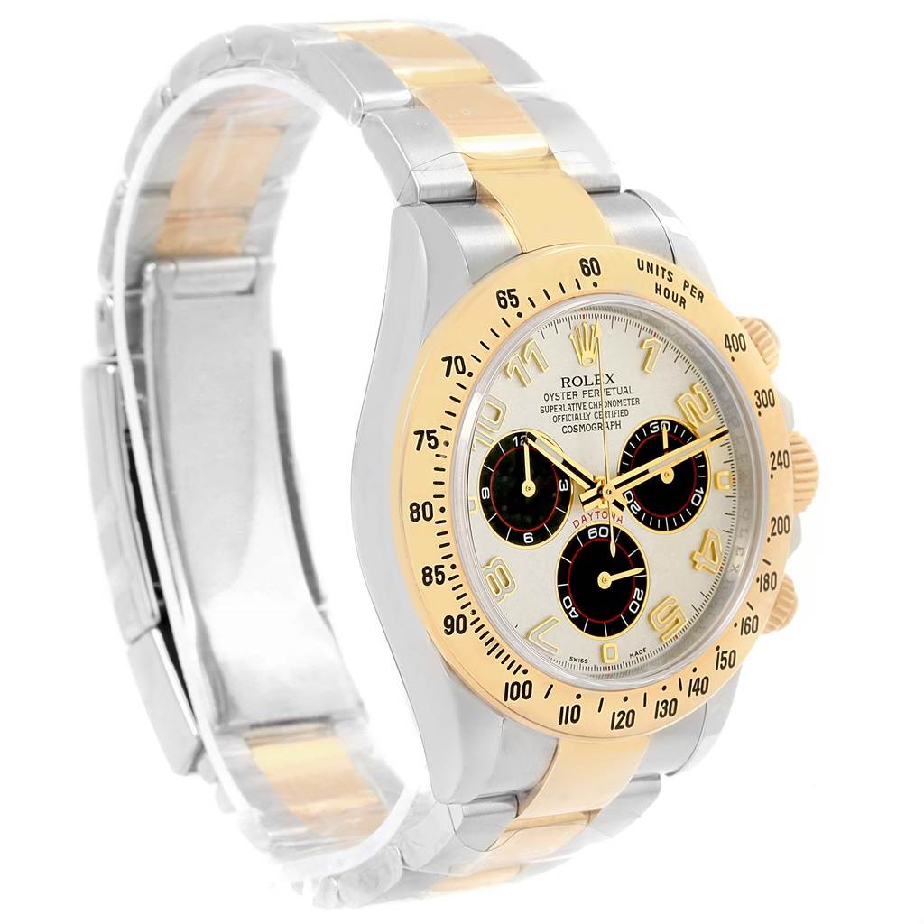 This Rolex Daytona 116523 Men's Steel and Gold (two tone) White Dial 116523 Men's Steel and Gold (two tone) White Dial model watch is shown at an angle highlighting the bezel, dial, and two-tone bracelet.