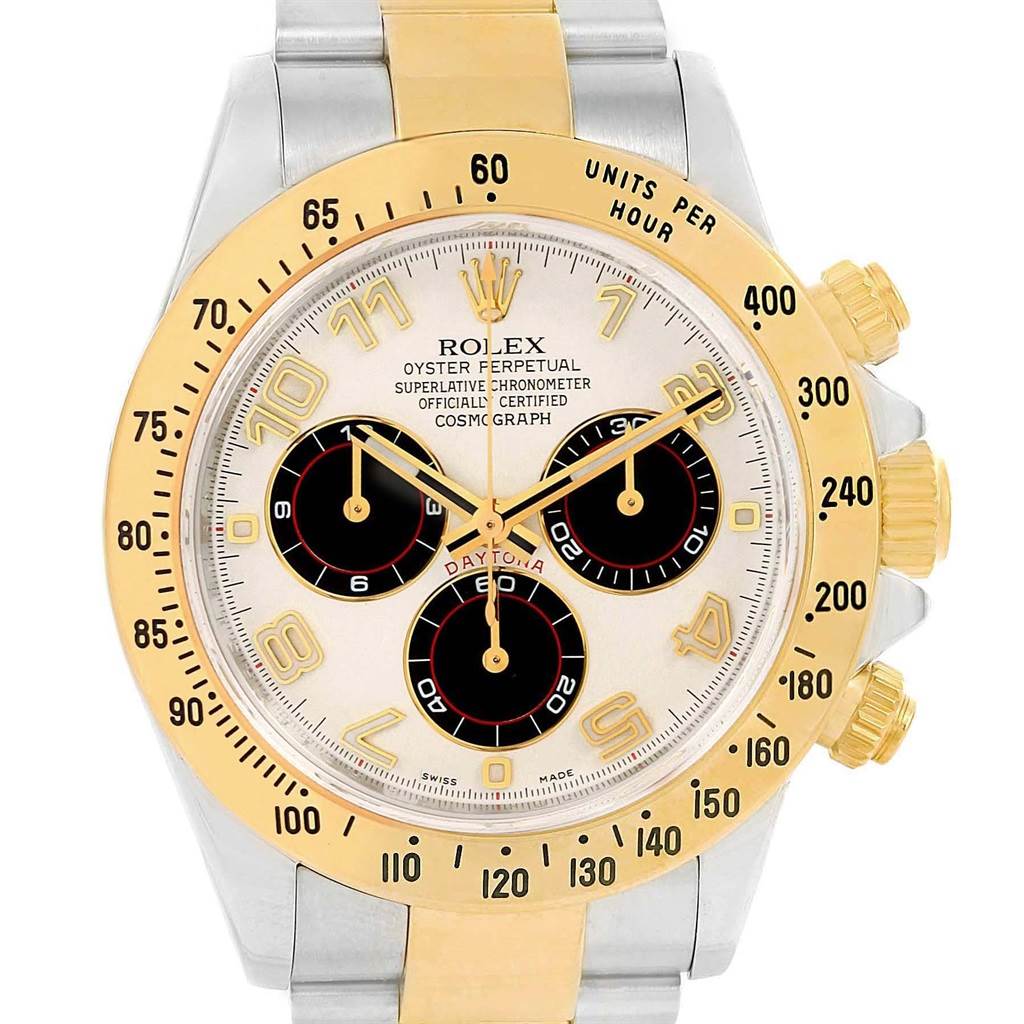This image shows a frontal view of a Rolex Daytona 116523 Men's Steel and Gold (two tone) White Dial 116523 Men's Steel and Gold (two tone) White Dial watch, featuring its face, bezel, and portion of the bracelet.