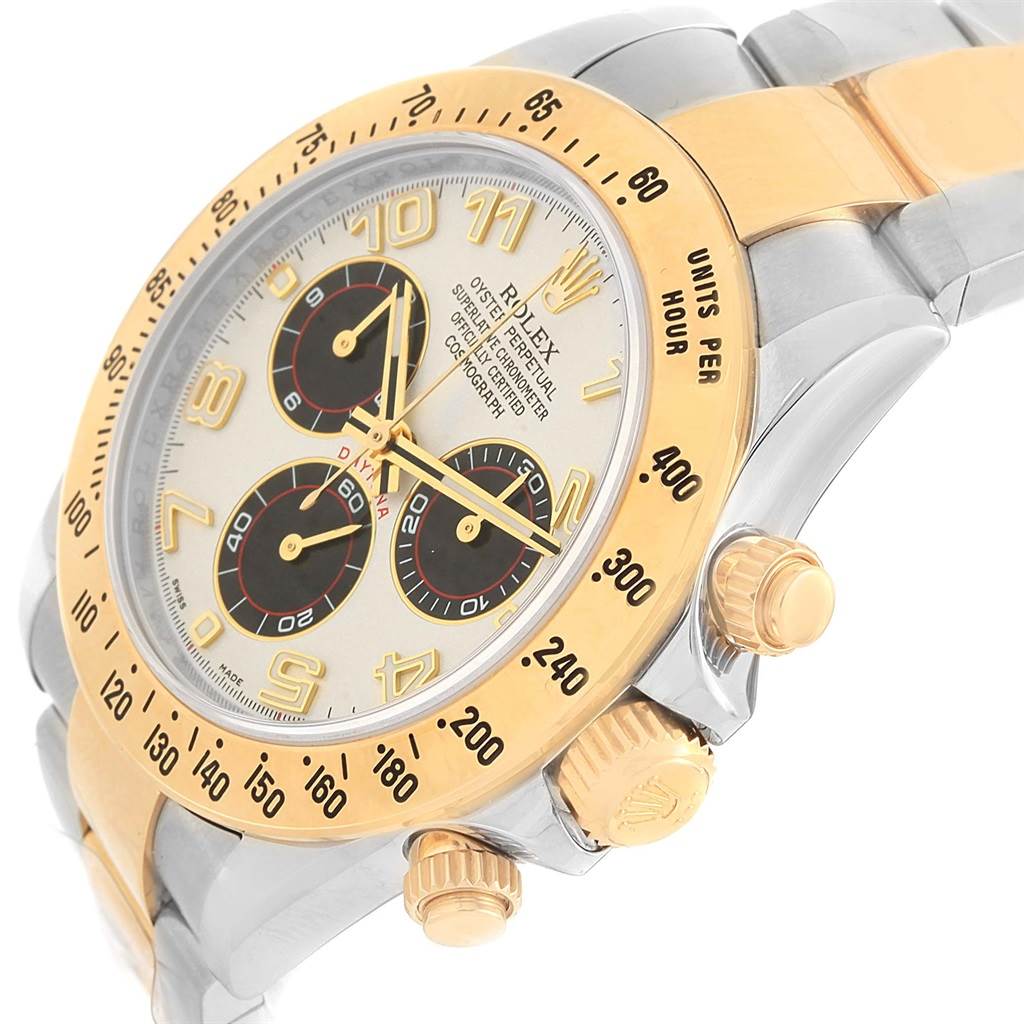 The image shows a close-up side angle of the Rolex Daytona 116523 Men's Steel and Gold (two tone) White Dial 116523 Men's Steel and Gold (two tone) White Dial watch, highlighting its bezel, crown, and dial.
