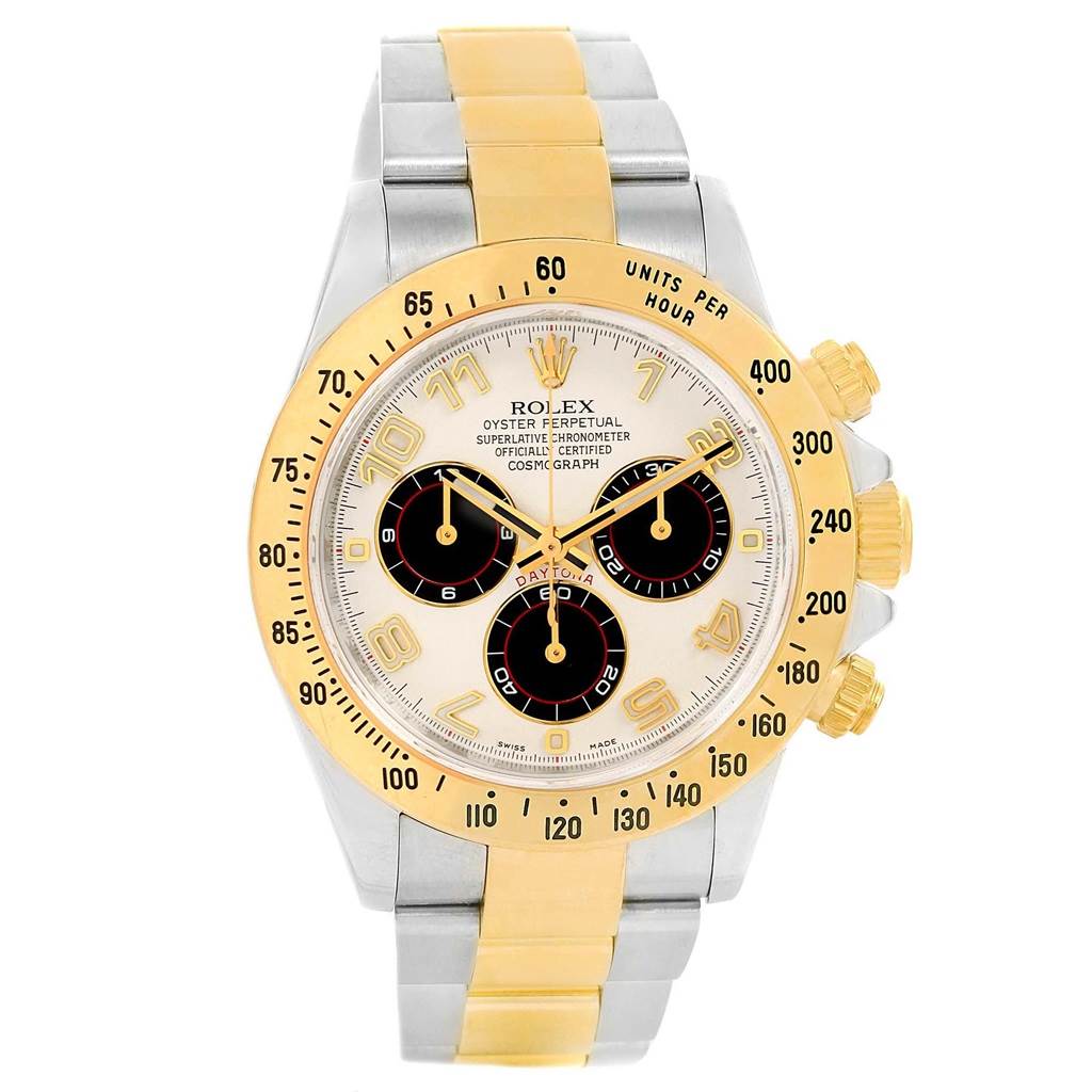 The Rolex Daytona 116523 Men's Steel and Gold (two tone) White Dial 116523 Men's Steel and Gold (two tone) White Dial watch is shown in a front view, displaying its gold bezel, dial with three subdials, and two-tone bracelet.