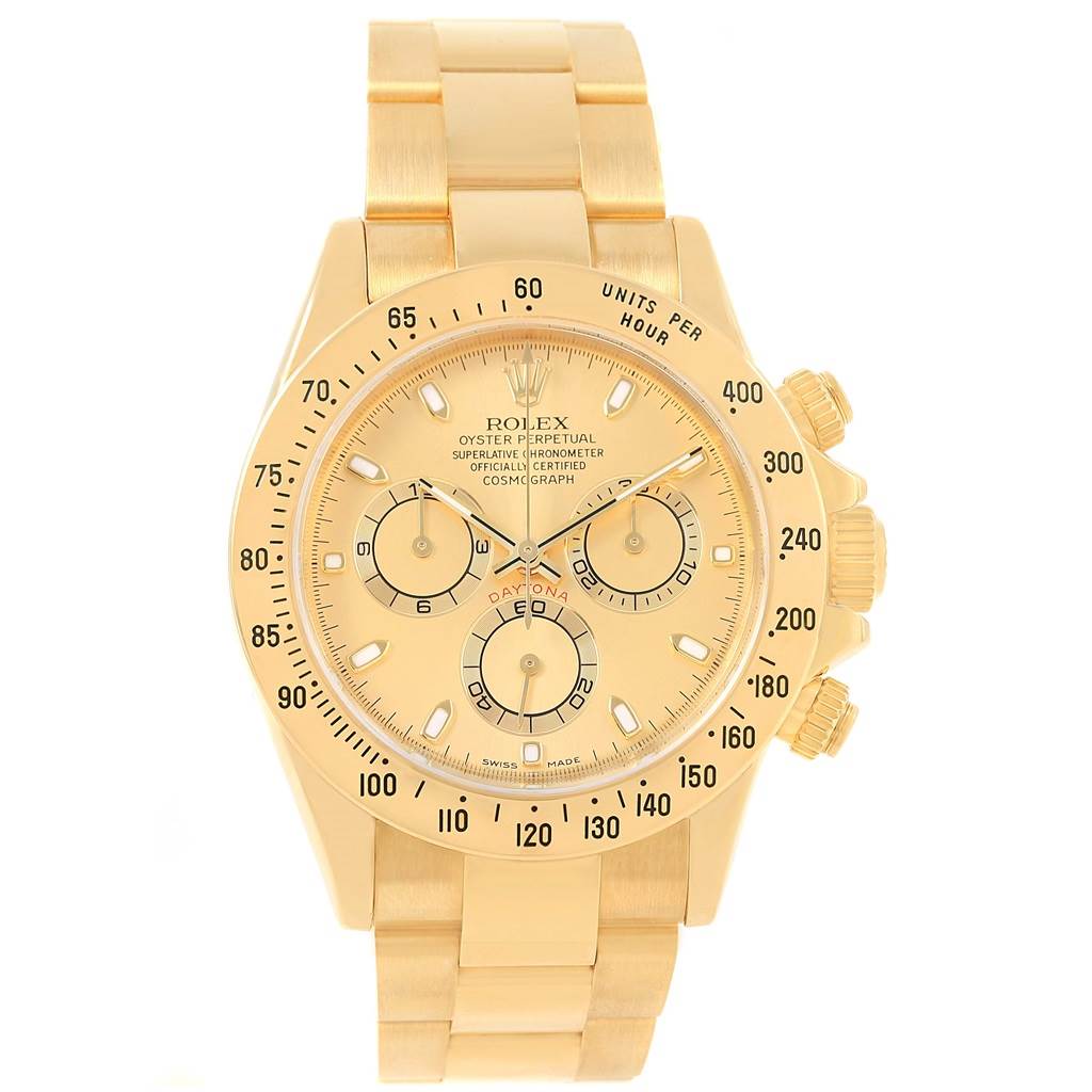 The image shows a front view of the Rolex Daytona 116528 Men's Yellow Gold Champagne Dial 116528 Men's Yellow Gold Champagne Dial watch, highlighting its gold case, bracelet, and three subdials.