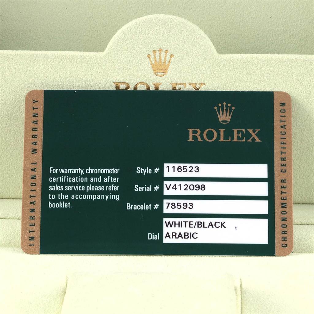 The image shows the warranty card for a Rolex Daytona 116523 Men's Steel and Gold (two tone) White Dial 116523 Men's Steel and Gold (two tone) White Dial watch, displaying details like style, serial, and bracelet numbers.