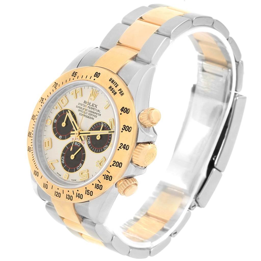 The image shows a Rolex Daytona 116523 Men's Steel and Gold (two tone) White Dial 116523 Men's Steel and Gold (two tone) White Dial watch angled to display the face, bezel, crown, pushers, and bracelet in silver and gold.